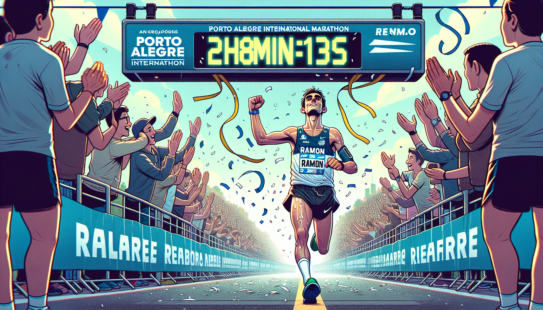 Ramon crossing the finish line of the Porto Alegre Marathon