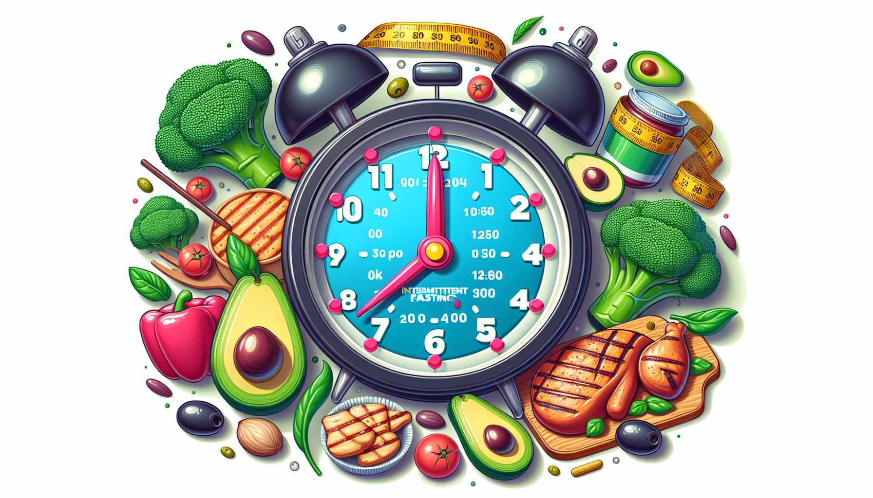 Clock representing intermittent fasting with healthy foods