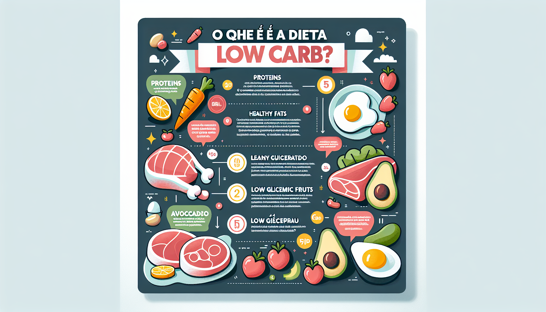 Infographic illustrating the low carb diet with healthy food options