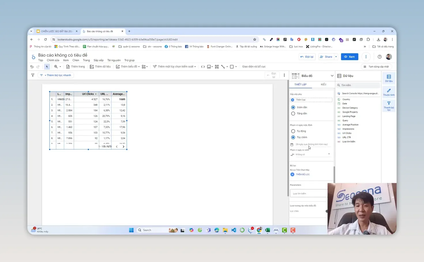 Giao diện báo cáo dữ liệu Search Console với bảng chỉ số và lịch chọn thời gian
