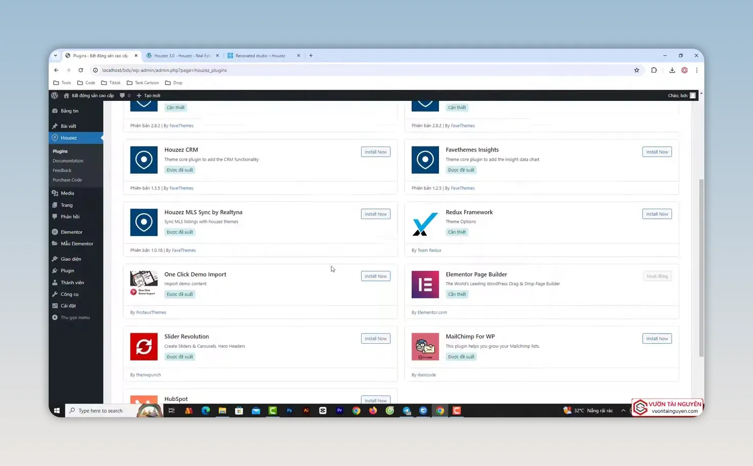 Khu vực plugin của Houzez trong trang quản trị WordPress