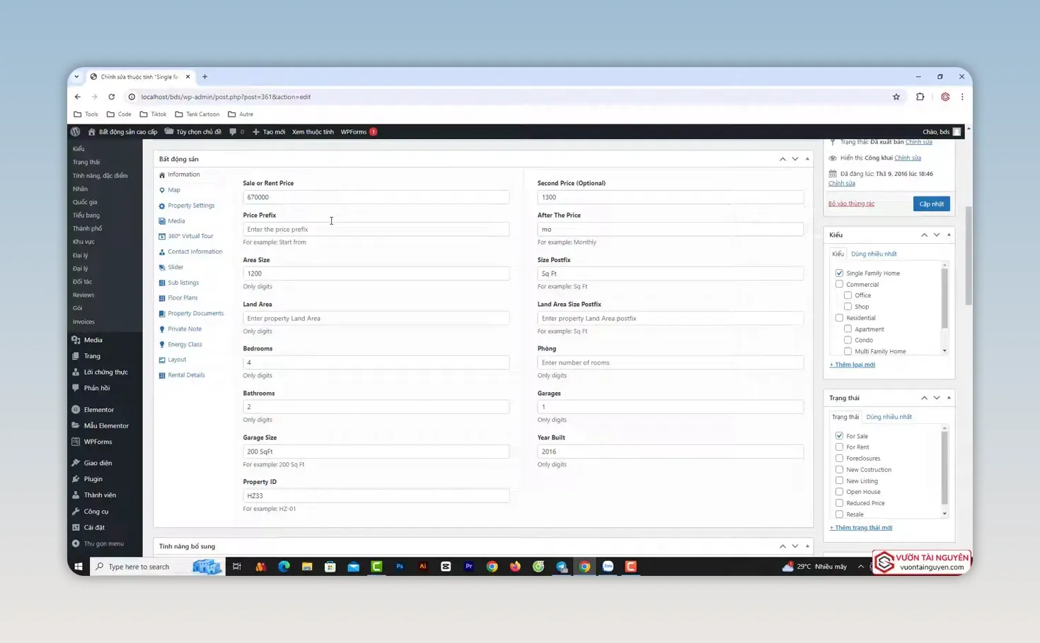Biểu mẫu chỉnh sửa bất động sản trong WordPress với nhiều trường thông tin chi tiết