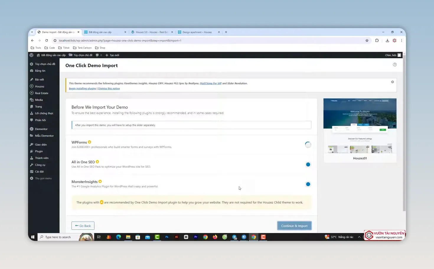 Trang quản trị WordPress thông báo hoàn tất nhập bản mẫu Houzez