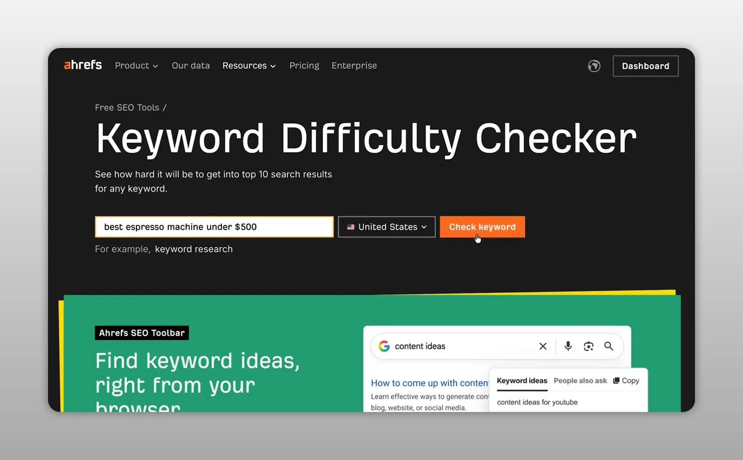 Cửa sổ Ahrefs Keyword Difficulty Checker hiển thị điểm độ khó và bảng kết quả tìm kiếm