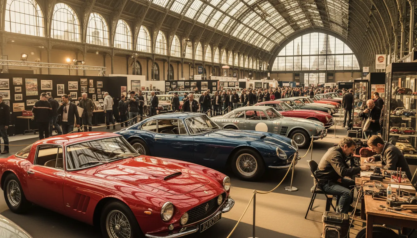Drukke Retromobile 2026 beurshal in Parijs met glanzende klassieke auto's, rally‑auto's, restaurateurs en een aparte hal met betaalbare oldtimers
