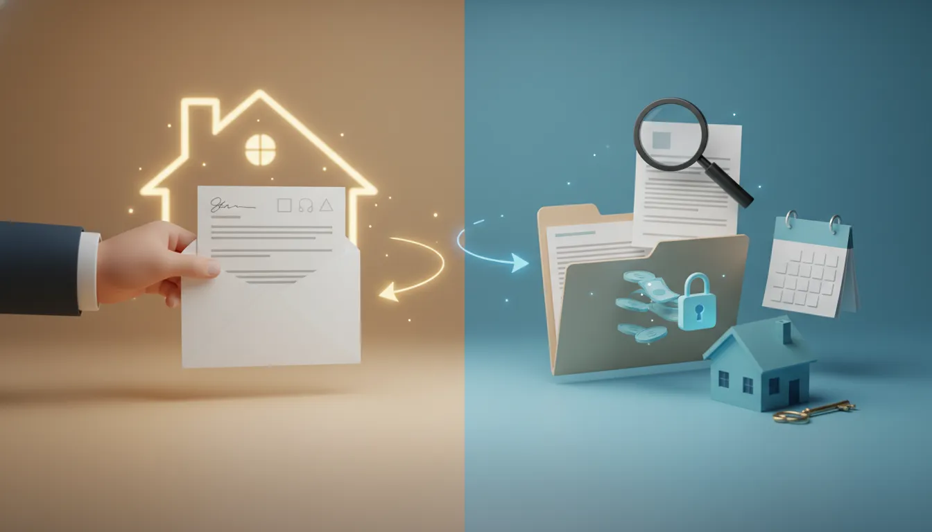 Illustration depicting what happens after a home offer is accepted, showing escrow, inspections, appraisals, deadlines, and paperwork through symbolic documents and calendar elements.