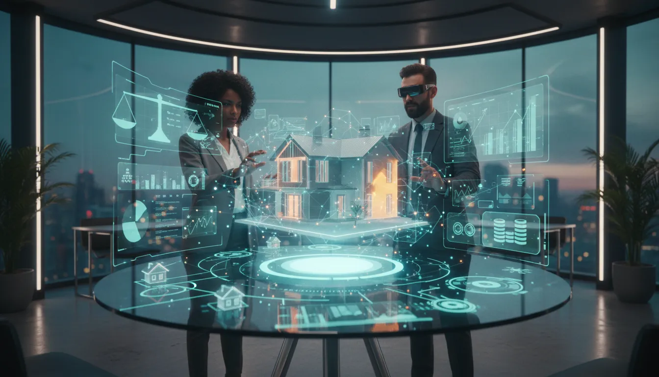 Realtor and buyer interacting with a holographic 3D house and glowing AI data visualizations in a modern office, symbolizing AI transforming real estate by 2026