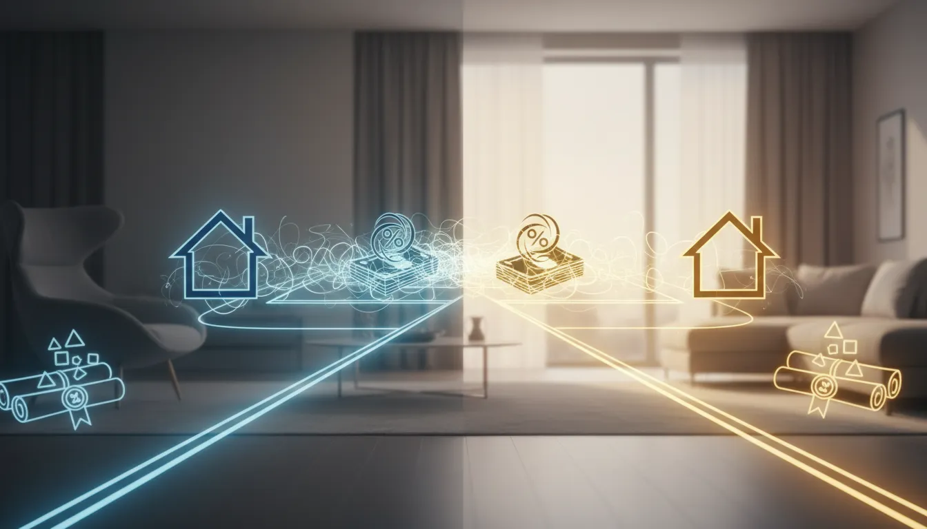 Cinematic illustration showing home financing concepts with a house, cash, and documents connected by clear glowing pathways, symbolizing how home loans work