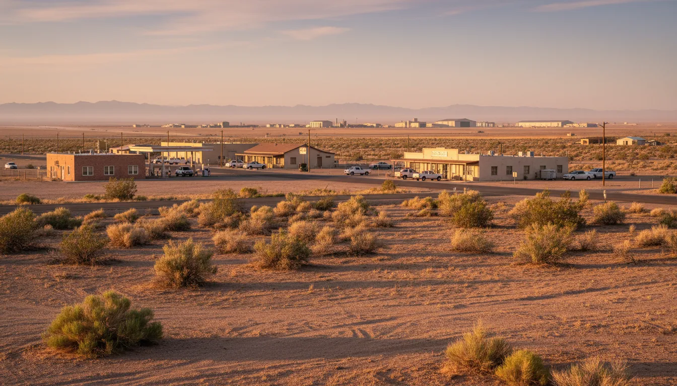 Golden hour view of a quiet Nevada desert town near Creech Air Force Base, showing distant military hangars and sparse Indian Springs streets with no signage or text.