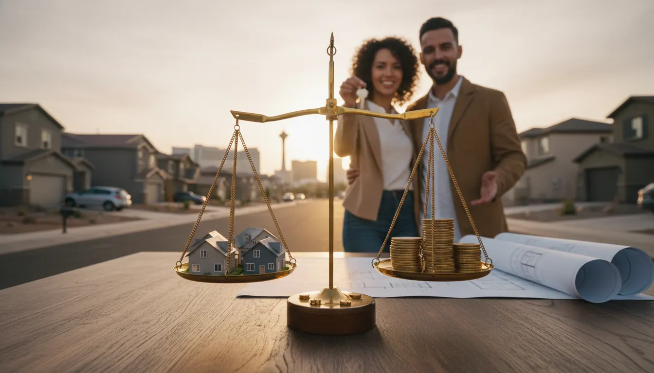 Balanced scale with miniature houses and coins in front of a blurred Las Vegas skyline, symbolizing a balanced 2026 home-buying market and opportunity for buyers