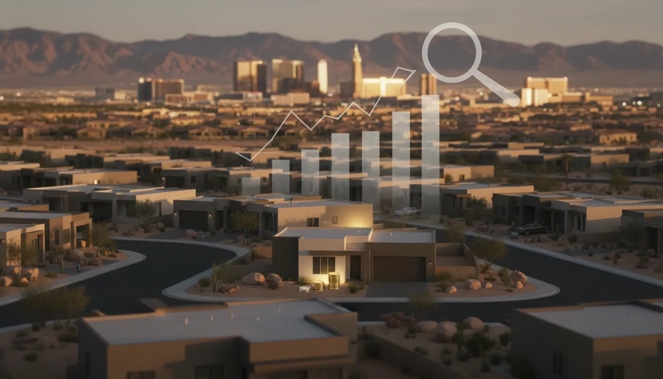 Las Vegas skyline at sunset behind suburban homes, one house highlighted with translucent rising chart shapes suggesting record median prices