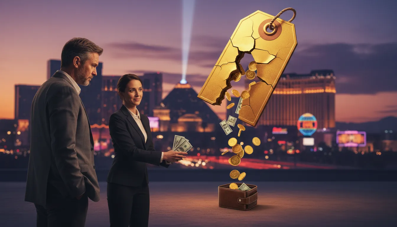 Las Vegas skyline at dusk with a homeowner fixated on a glittering oversized price tag while coins fall through holes into a much smaller wallet, symbolizing sellers losing deals by focusing on headline price instead of net proceeds.