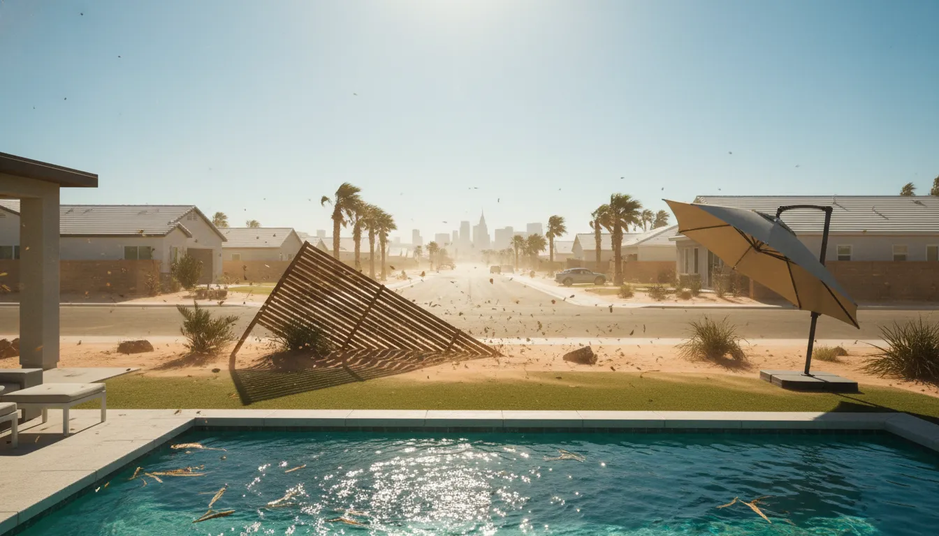 Wind-blown desert scene in Las Vegas with dust swirls and a patio affected by strong spring gusts