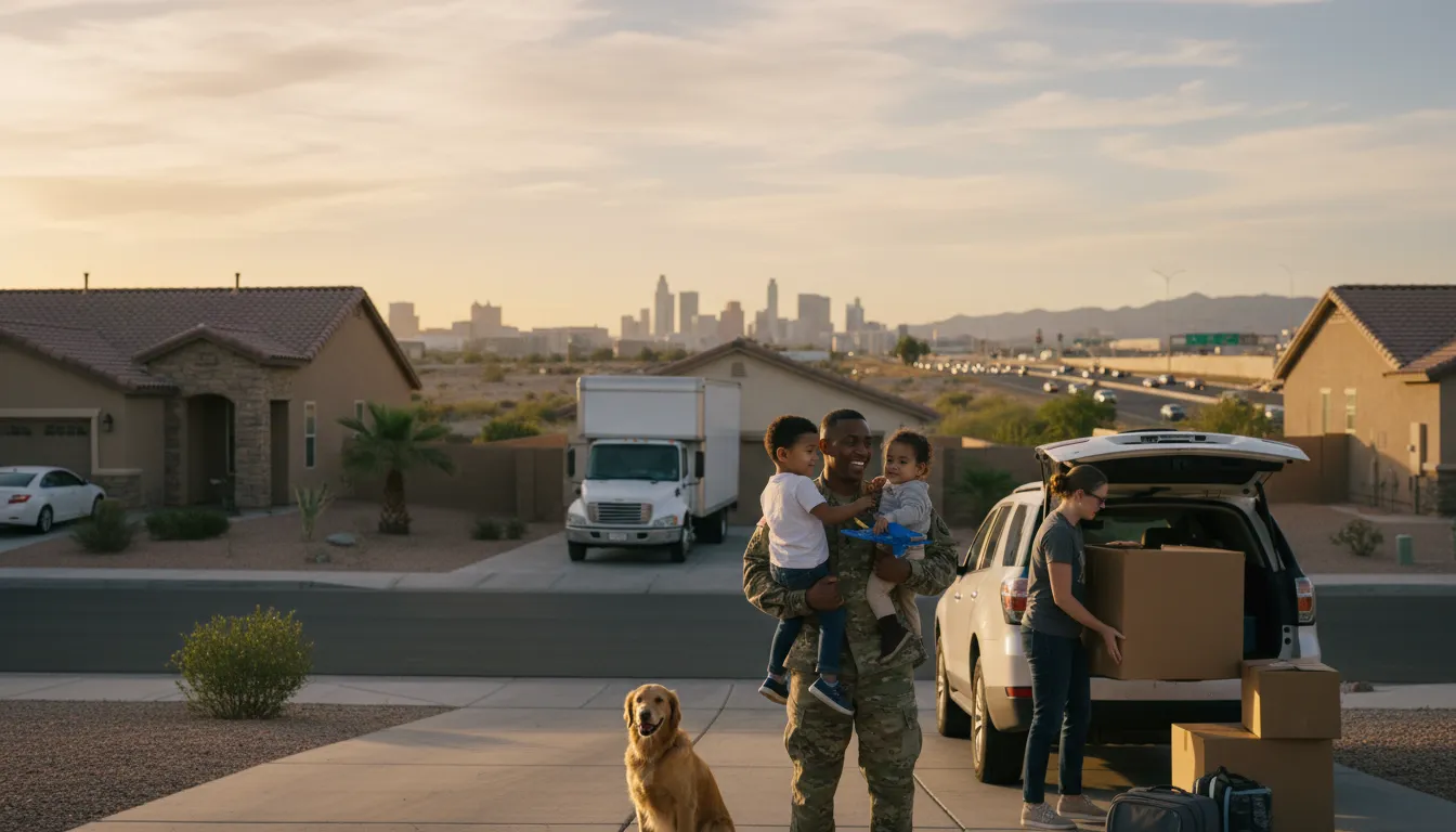 Military family loading a packed SUV and moving boxes in a suburban driveway with a distant Las Vegas skyline and desert hills at golden hour