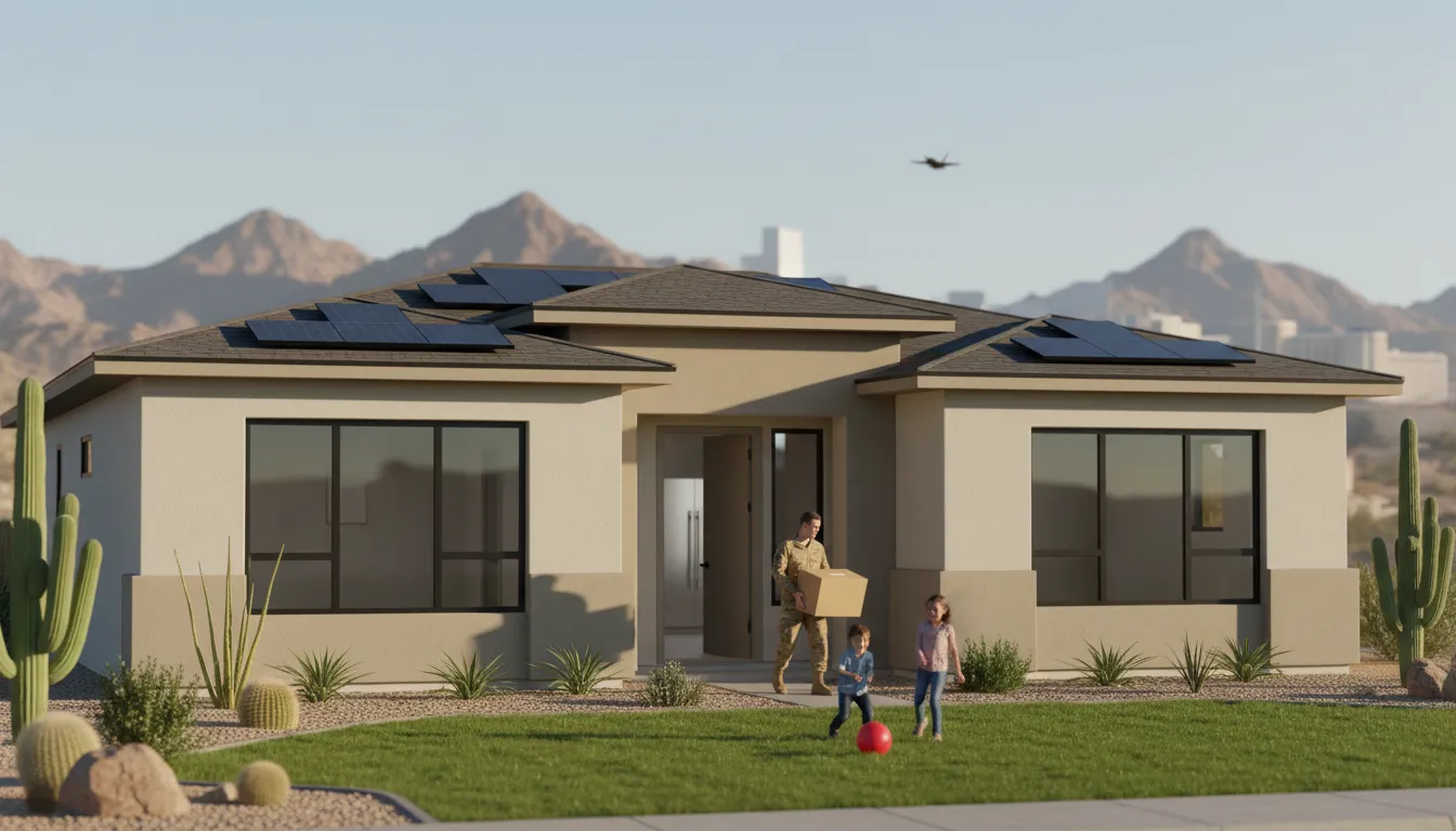 Military family moving into a new energy-efficient home near Nellis AFB with solar panels, desert landscape and a jet silhouette overhead