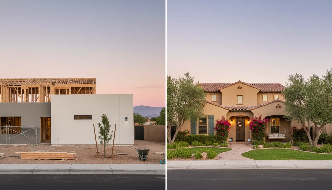 Split image showing a modern new construction home and an established resale home in a desert setting to represent choosing between new build and resale in Las Vegas.