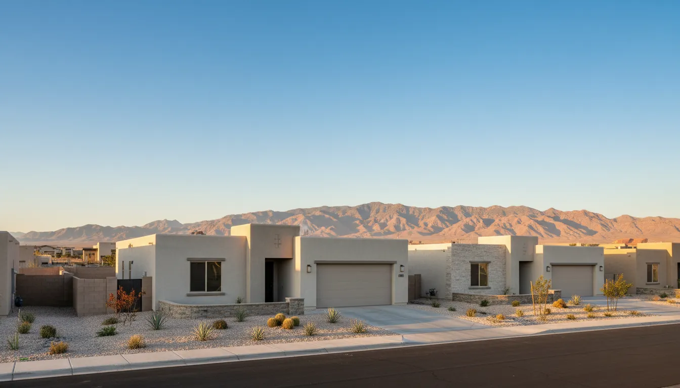 Photorealistic exterior view of new single-story homes in a desert neighborhood near Pahrump, Nevada with mountains in the distance and desert landscaping.
