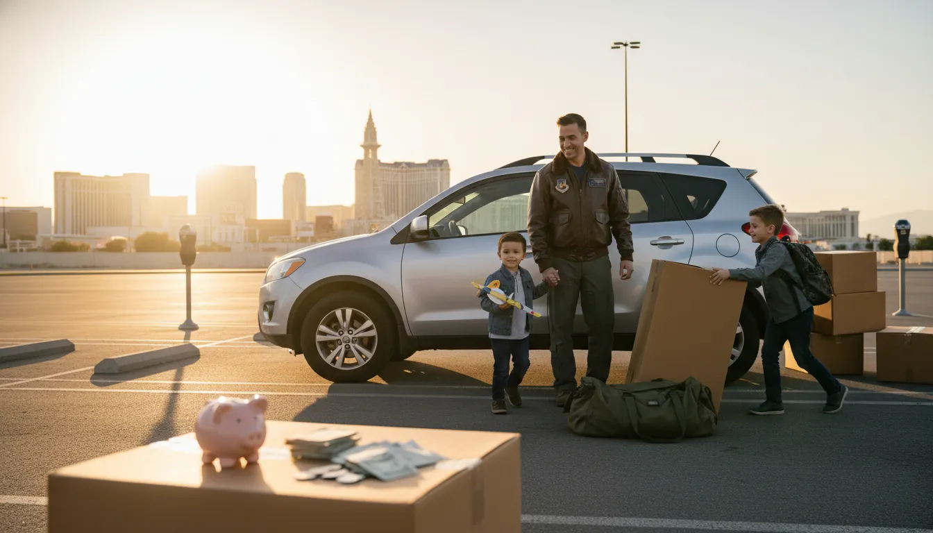 Military family with moving boxes and car parked in an open lot near the Las Vegas skyline, piggy bank on a box representing savings
