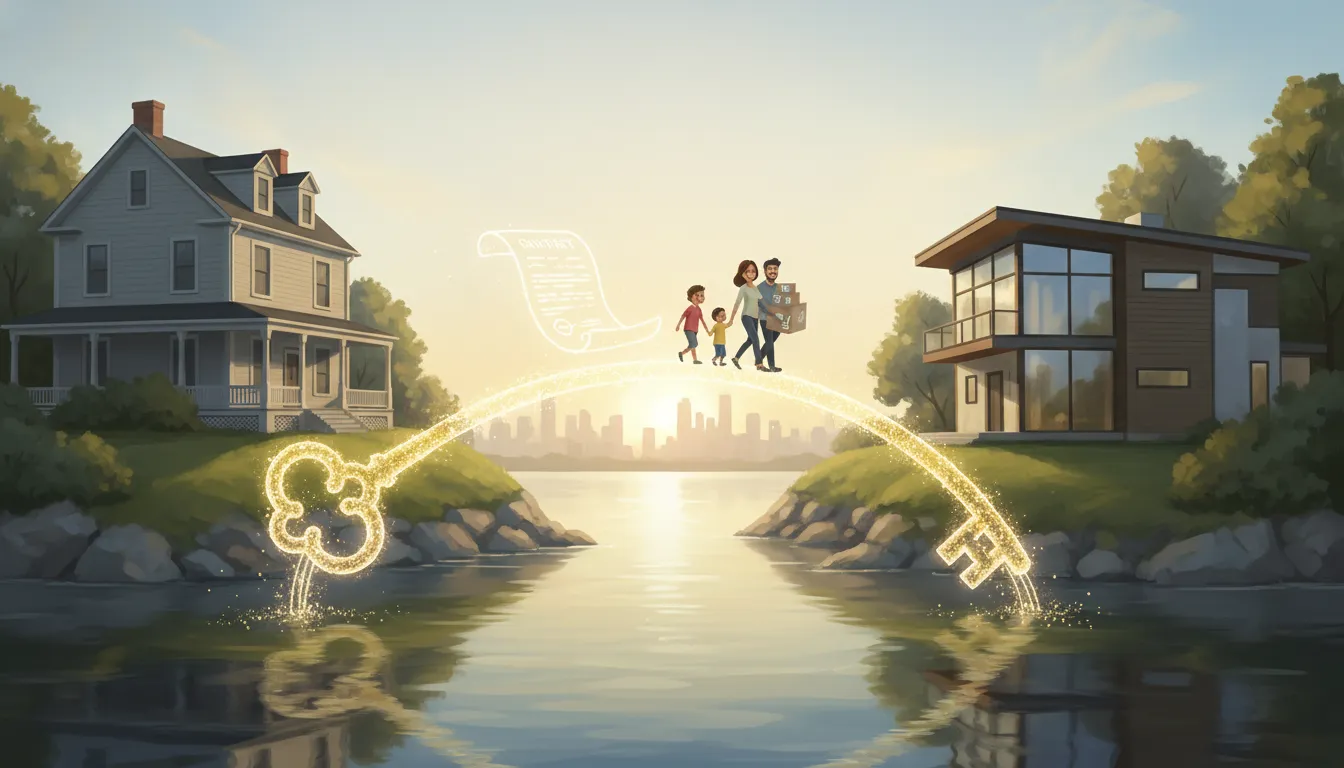 Conceptual illustration of portable mortgages: two houses connected by a glowing golden key bridge with a translucent contract moving between them and a family carrying boxes, symbolizing transfer of a mortgage and movement in the real estate market