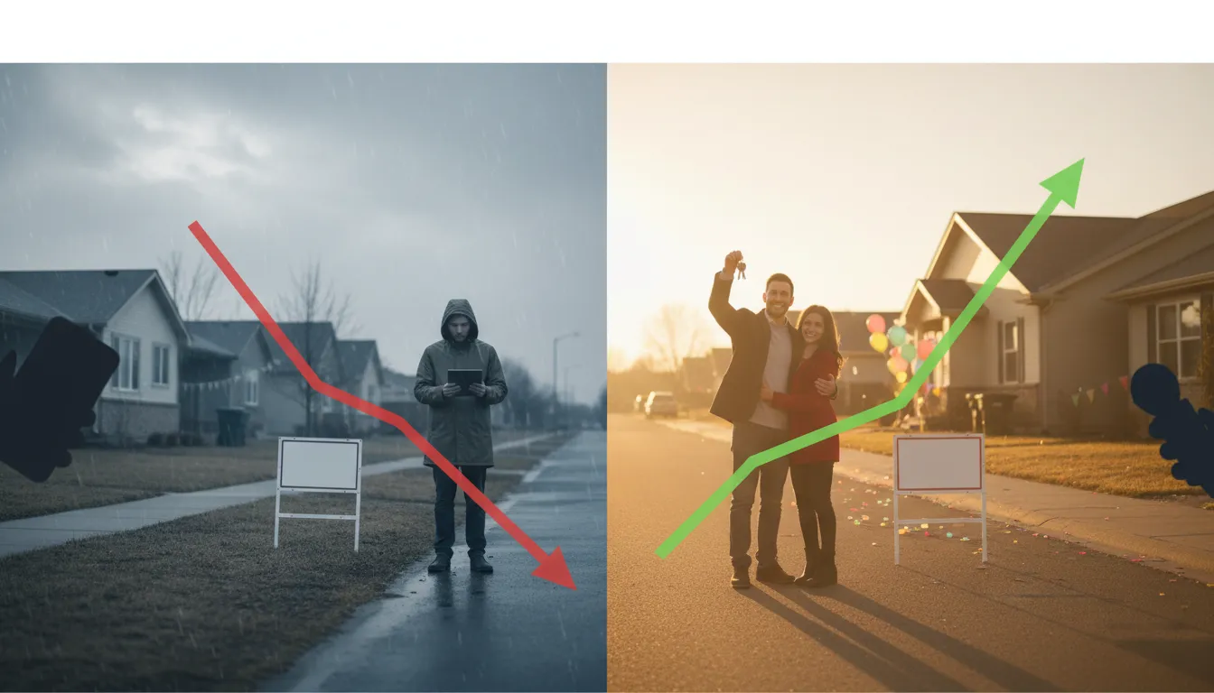 Split-scene real estate good news and bad news 2025 — left: gloomy falling prices and anxious buyer; right: sunny rising prices and joyful sellers
