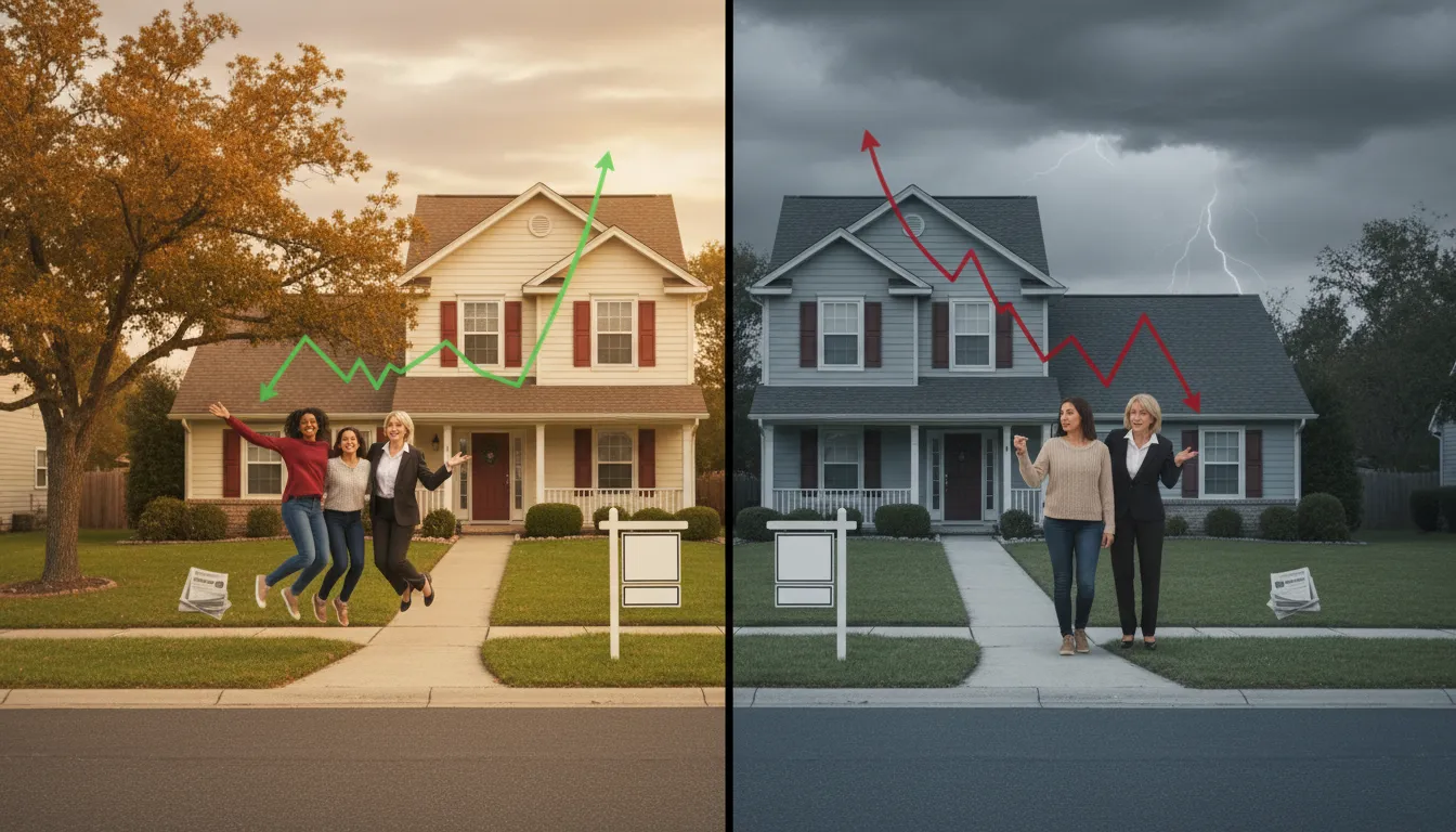 Split-scene showing the same house portrayed as a booming market on one side and a crashing market on the other, illustrating real estate data spin and framing.