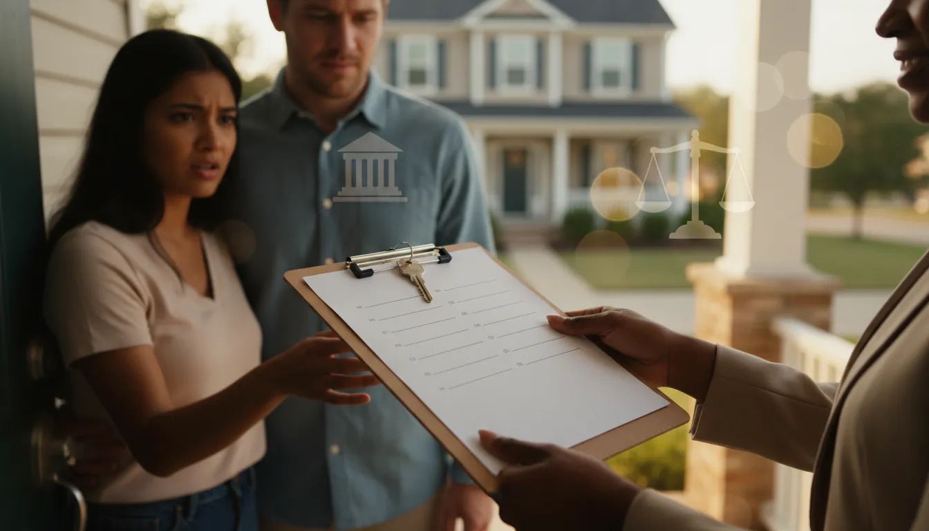 Real estate agent handing blank paperwork on a clipboard to a hesitant couple at a home's front door, representing new pre-showing requirements
