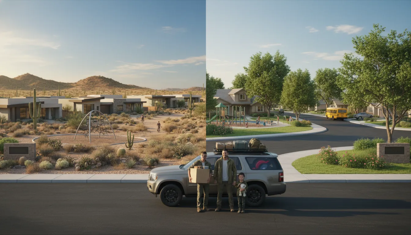 Split-view photorealistic scene comparing two Northwest Las Vegas neighborhoods: desert-edge modern homes and trails on the left and tree-lined family parks with traditional houses on the right, with a military family loading moving boxes into a packed SUV in warm late-afternoon light.