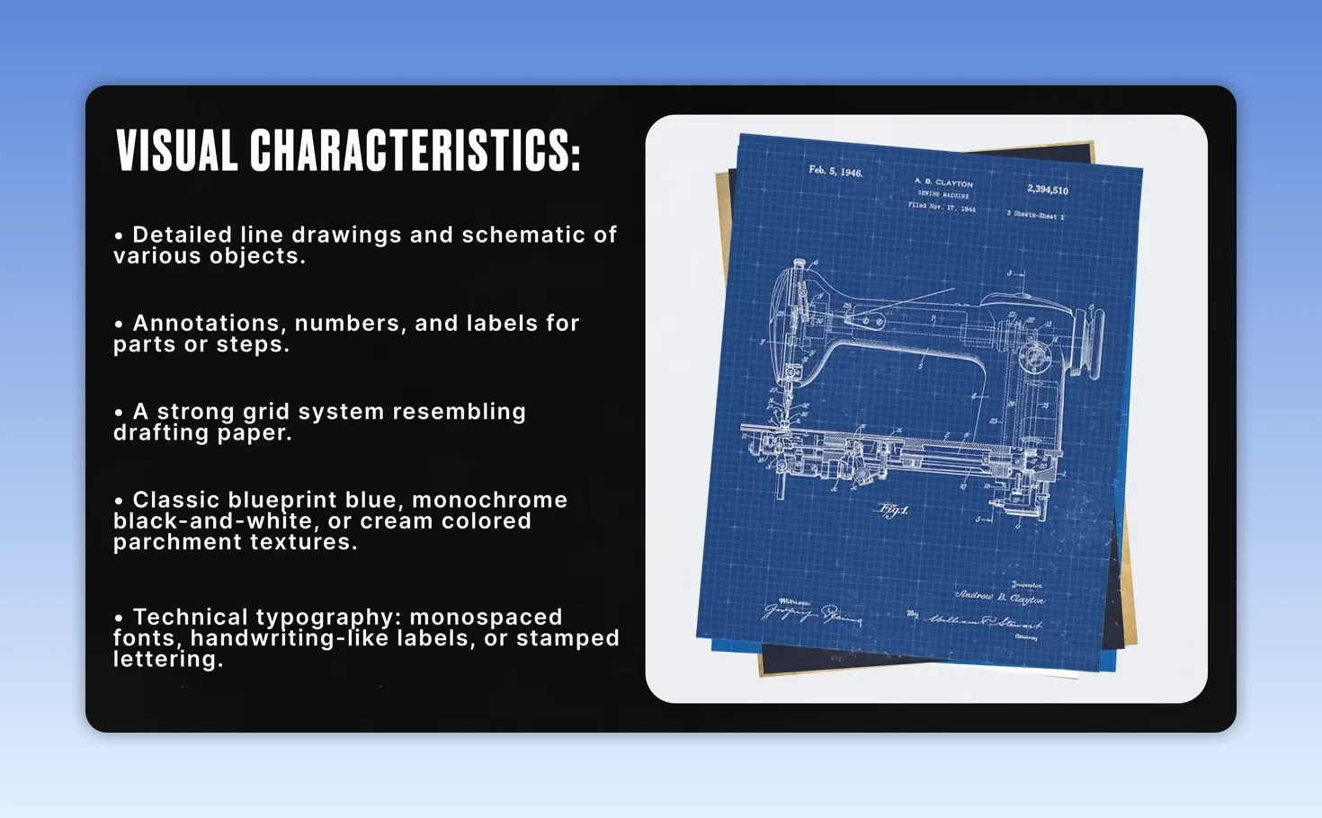 Bảng đặc điểm Blueprint Design với bản vẽ kỹ thuật màu xanh và đen