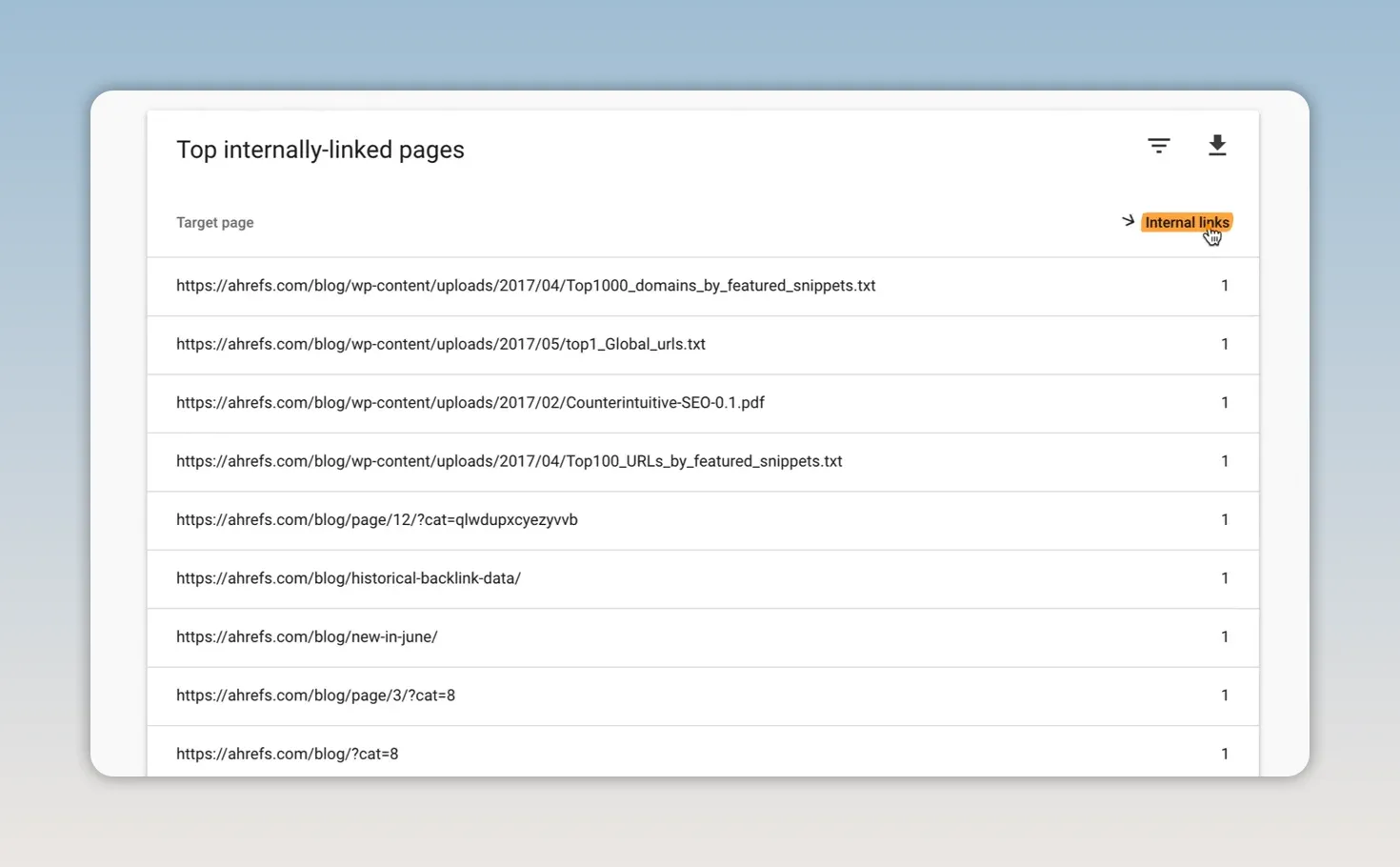 Bảng các trang có liên kết nội bộ trong Google Search Console được sắp xếp theo số lượng liên kết