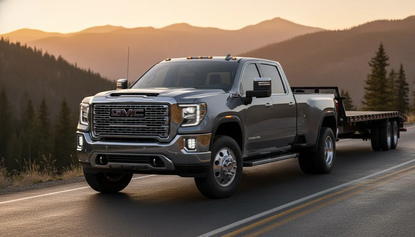 2026 GMC Sierra 3500 Denali heavy-duty pickup in metallic silver at golden hour, three-quarter front view towing a trailer, showcasing chrome grille and seven-shaped headlights