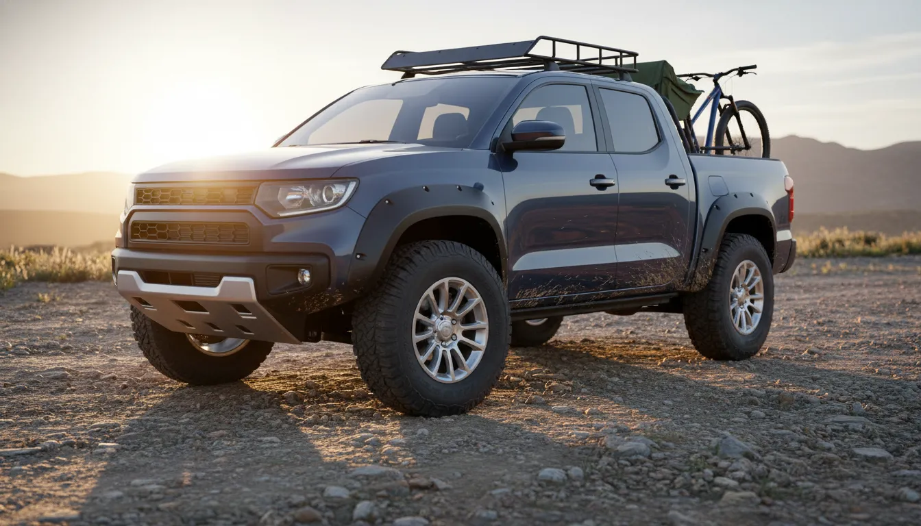 2026 rugged compact unibody pickup on a rocky trail with chunky fender flares, all-terrain tires, silver-accented wheels, and camping gear in the bed