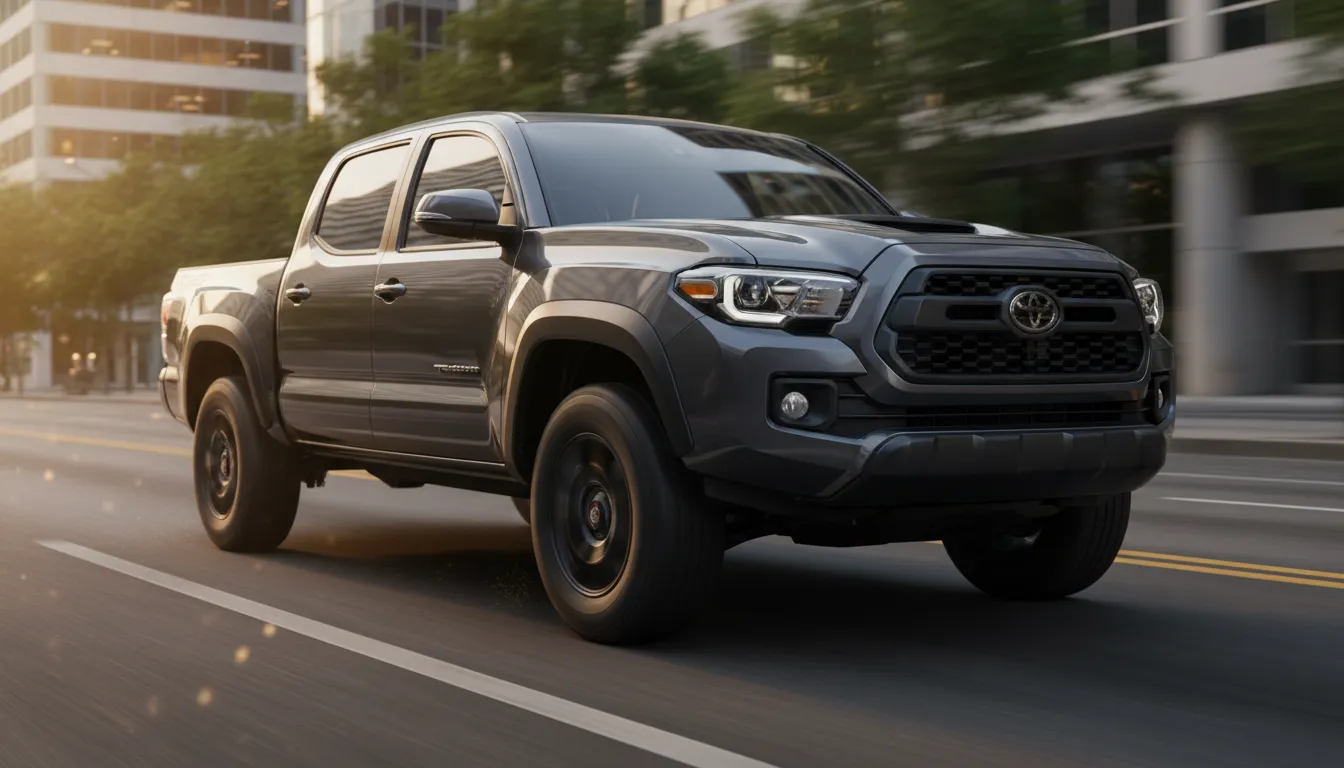 2026 Toyota Tacoma TRD Sport long-bed pickup three-quarter front view on an urban road at golden hour, dark metallic paint and sporty trim, no text