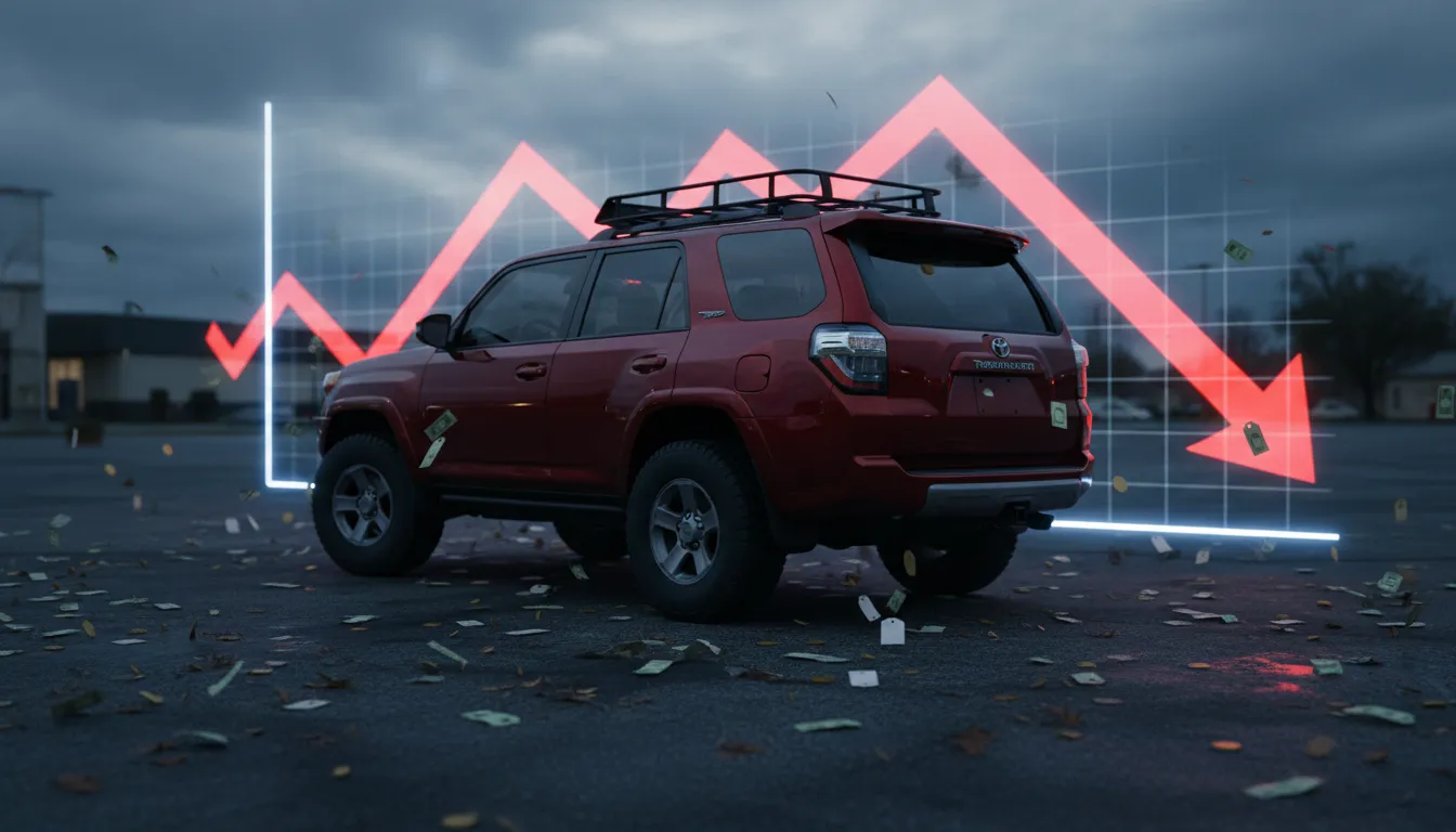Rugged 5th‑generation Toyota 4Runner‑style SUV in a lot with a glowing red downward trend line in the sky and blank price tags and coins falling around it, symbolizing collapsing prices