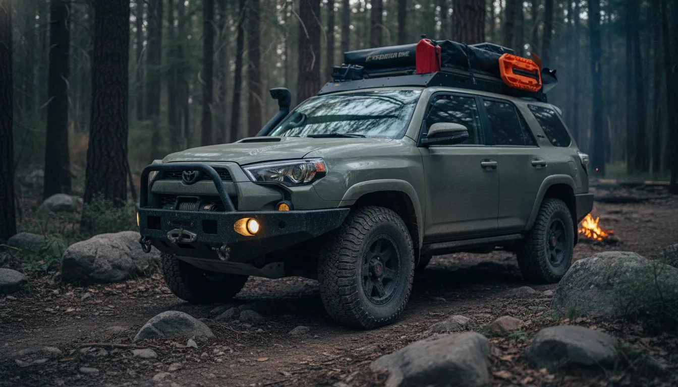 Expedition One 4Runner conversion with steel bumper, winch, rooftop tent and expedition gear parked on a rocky forest trail at dusk
