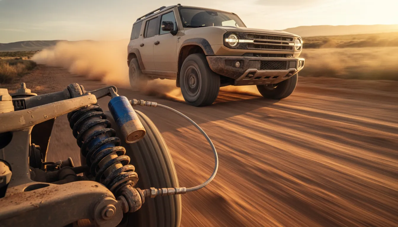 Ineos Grenadier-style overland SUV fitted with Evictus remote-reservoir shocks crossing a corrugated dirt road at speed, close-up on the shock absorber and stable suspension