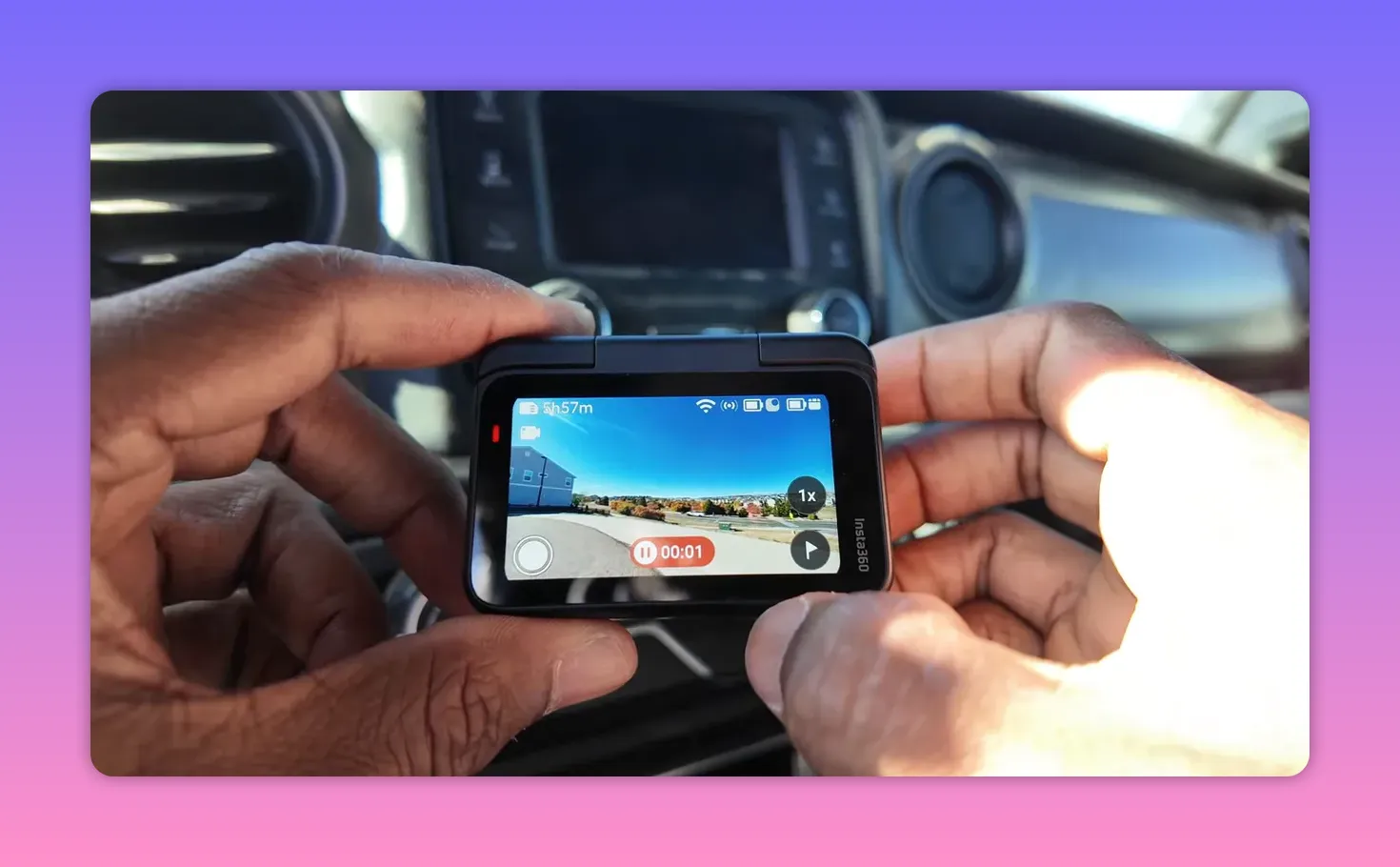 Insta360 Go Ultra action pod showing live preview on the flip touchscreen with recording UI