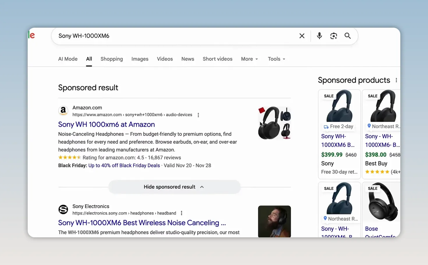 Kết quả tìm kiếm Google hiển thị quảng cáo và danh sách sản phẩm tai nghe