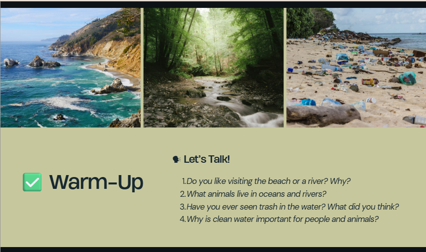 Warm-up slide with progressive speaking questions