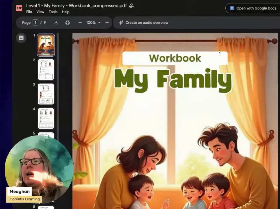 PDF viewer displaying the 'My Family' workbook cover and a 'Create an audio overview' prompt.