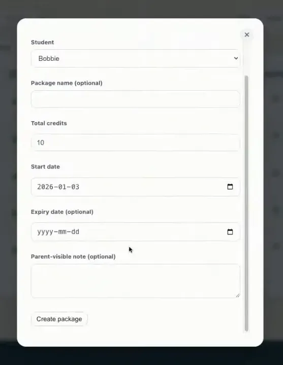 Clear view of the Teacher Hub Create Package dialog showing student name, total credits, start date, expiry date and Create package button. Organize your teaching notes related to packages within the hub.