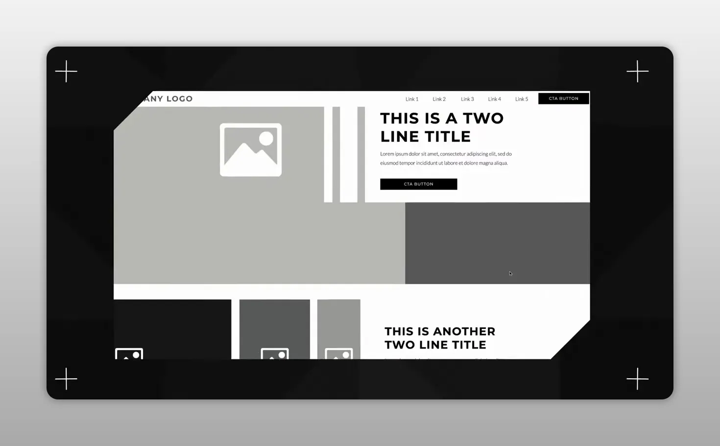 Wireframe trang web đơn sắc với các khối nội dung và vùng hình ảnh