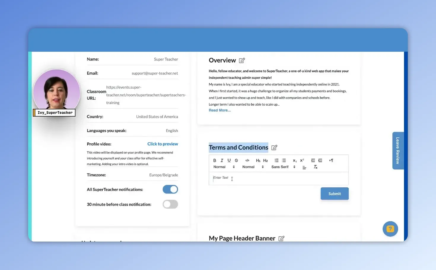 Terms and Conditions editor on the SuperTeacher profile with a text area and a Submit button visible