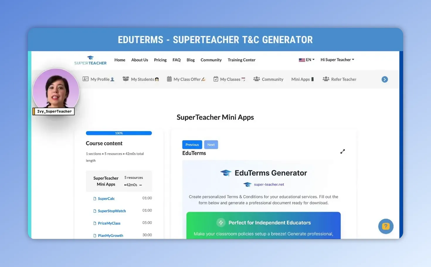 EDUTERMS - SuperTeacher T&C Generator header and EduTerms generator page on the dashboard