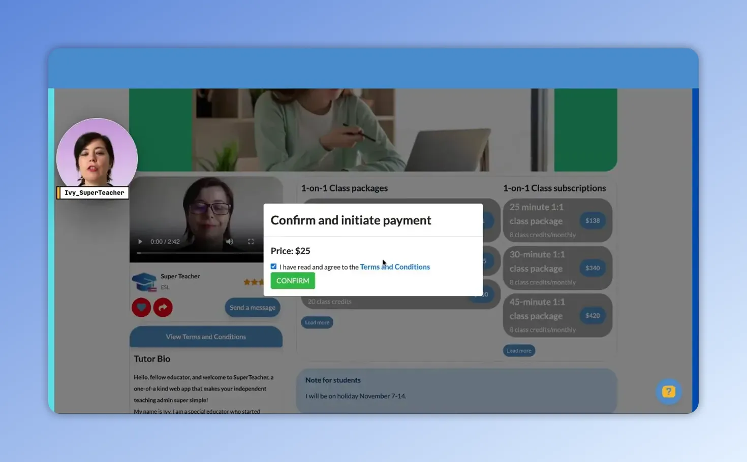 Clear view of the confirm-and-initiate-payment modal with the 'I have read and agree to the Terms and Conditions' checkbox and a green Confirm button.