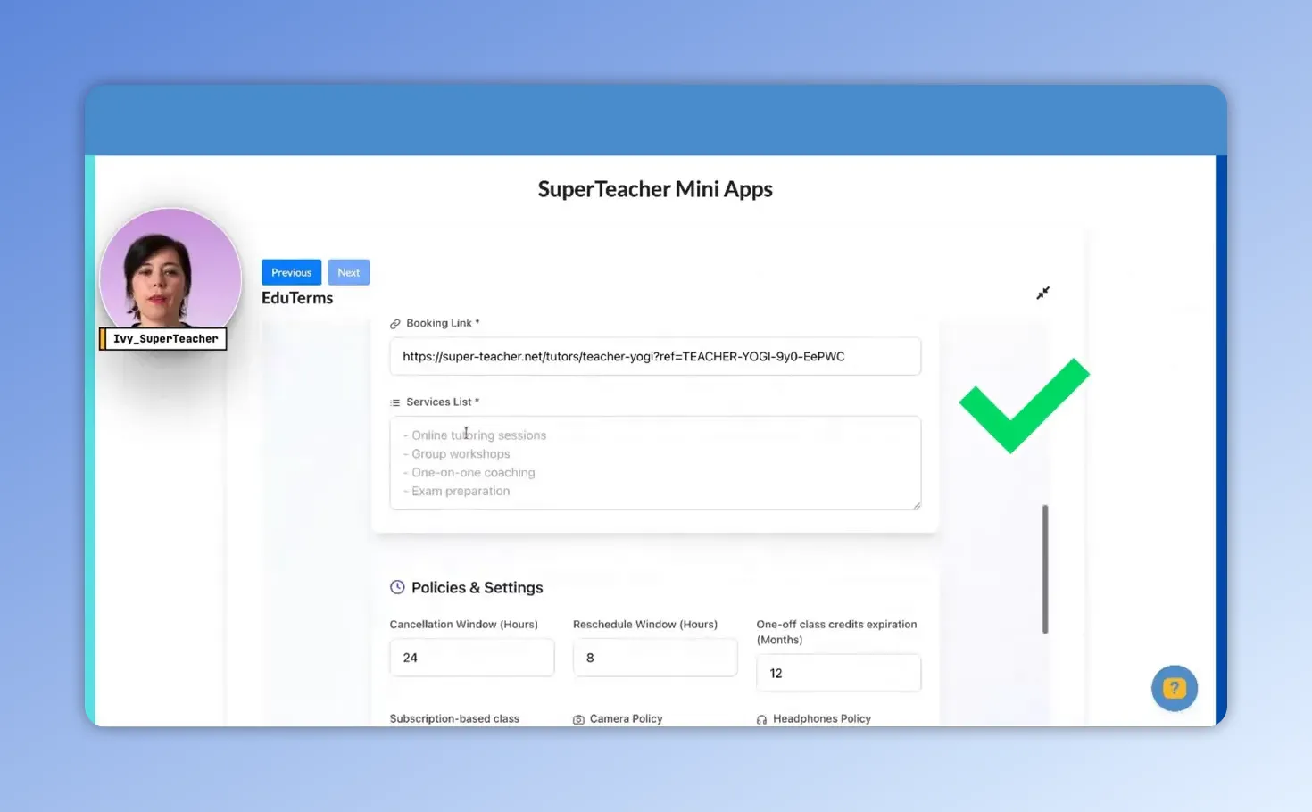 EduTerms mini app with the Booking Link field populated with a teacher page URL and Policies & Settings visible