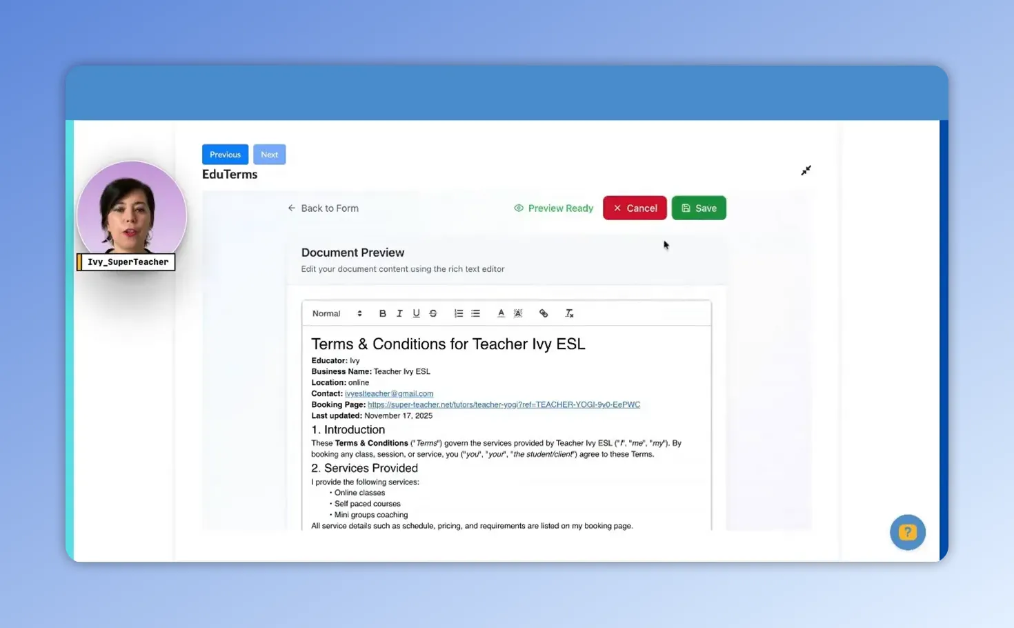generated terms and conditions opened in rich text editor with save and cancel buttons