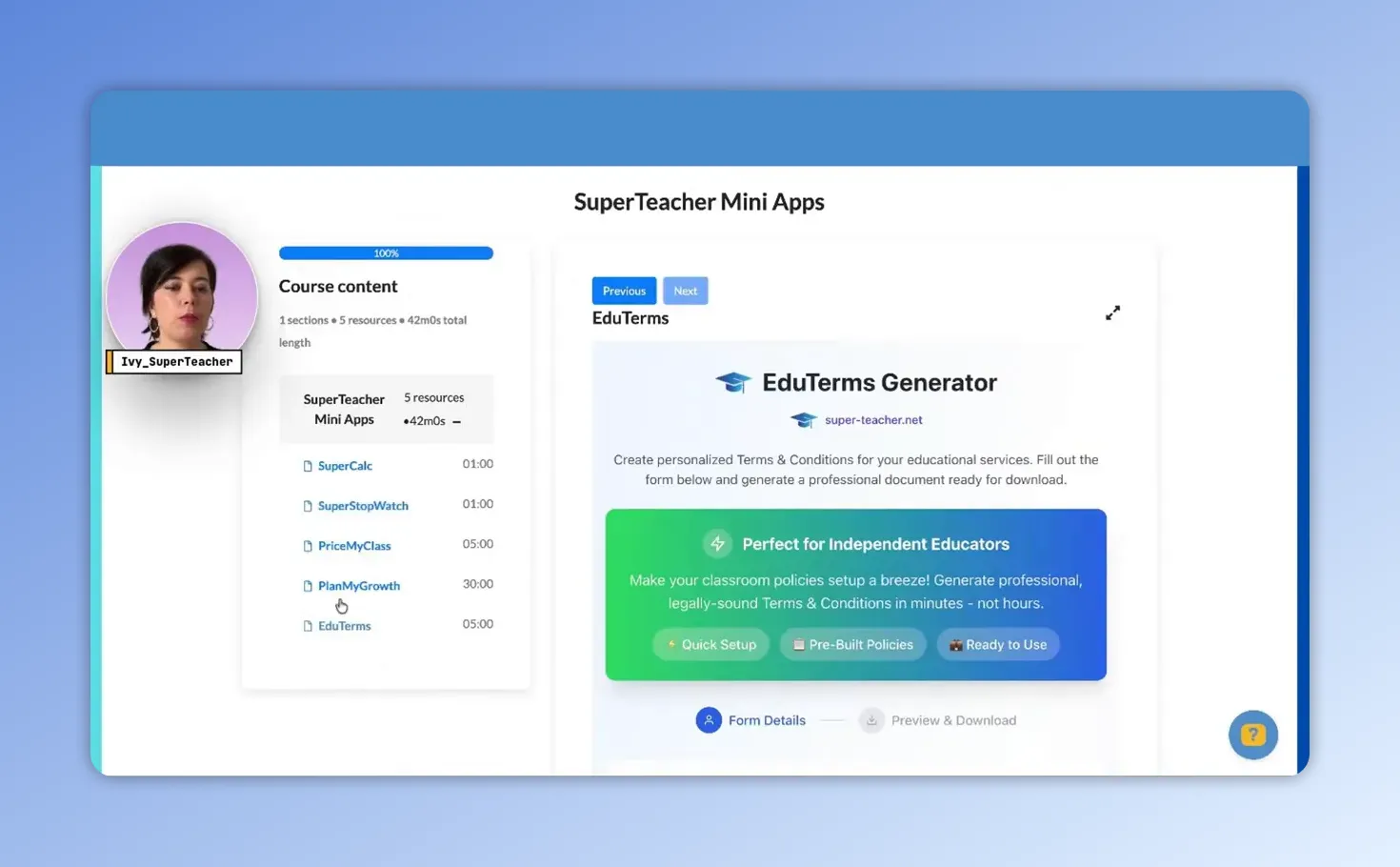 Clear view of SuperTeacher Mini Apps page with EduTerms Generator card and readable content