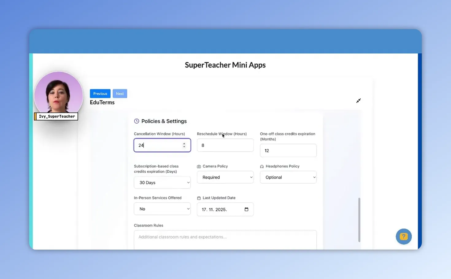 Highlighted cancellation window input on the EduTerms Policies & Settings page with other default policy fields visible