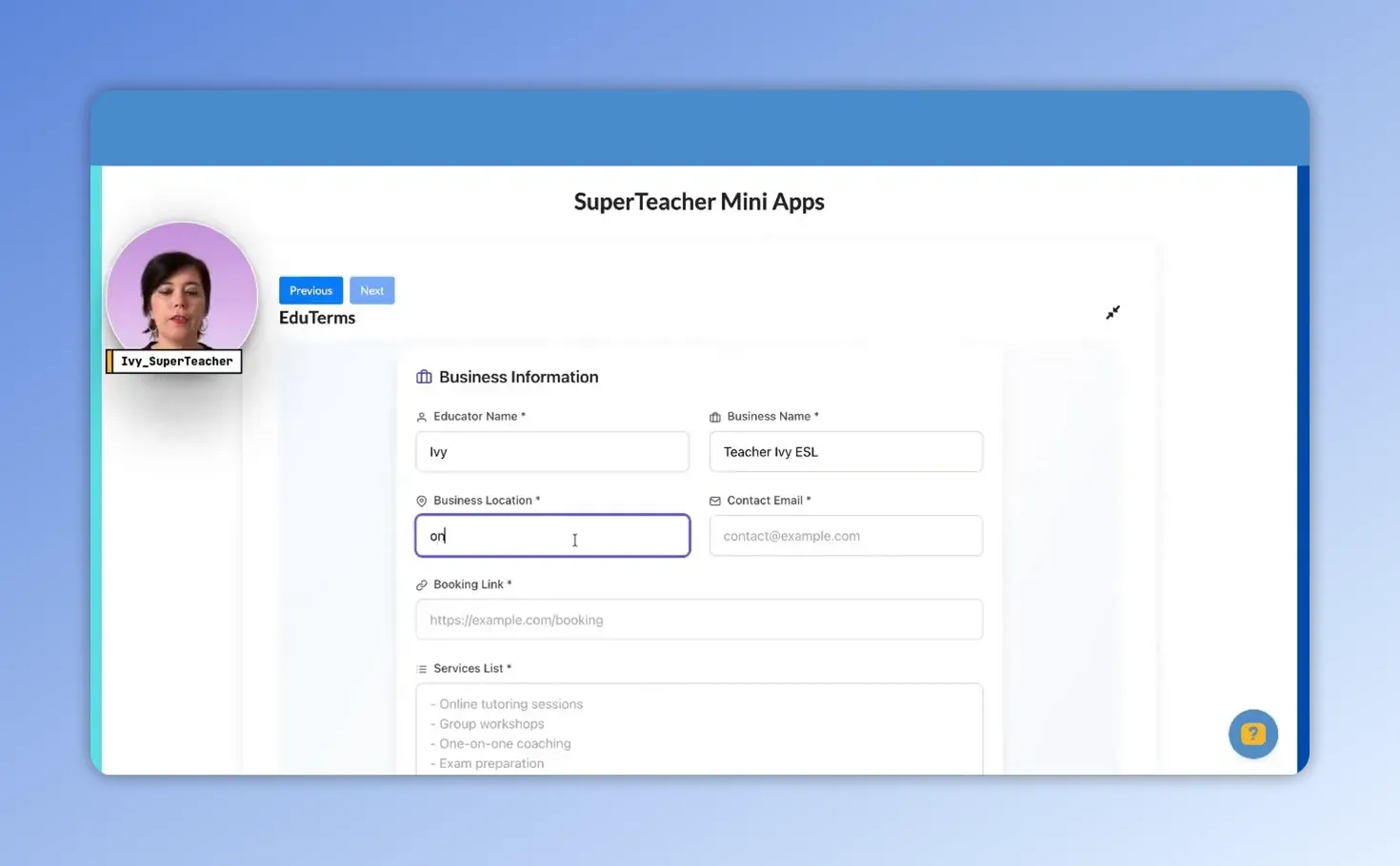 Business Information form with the Business Location field being filled (typing 'on') to indicate 'online'.
