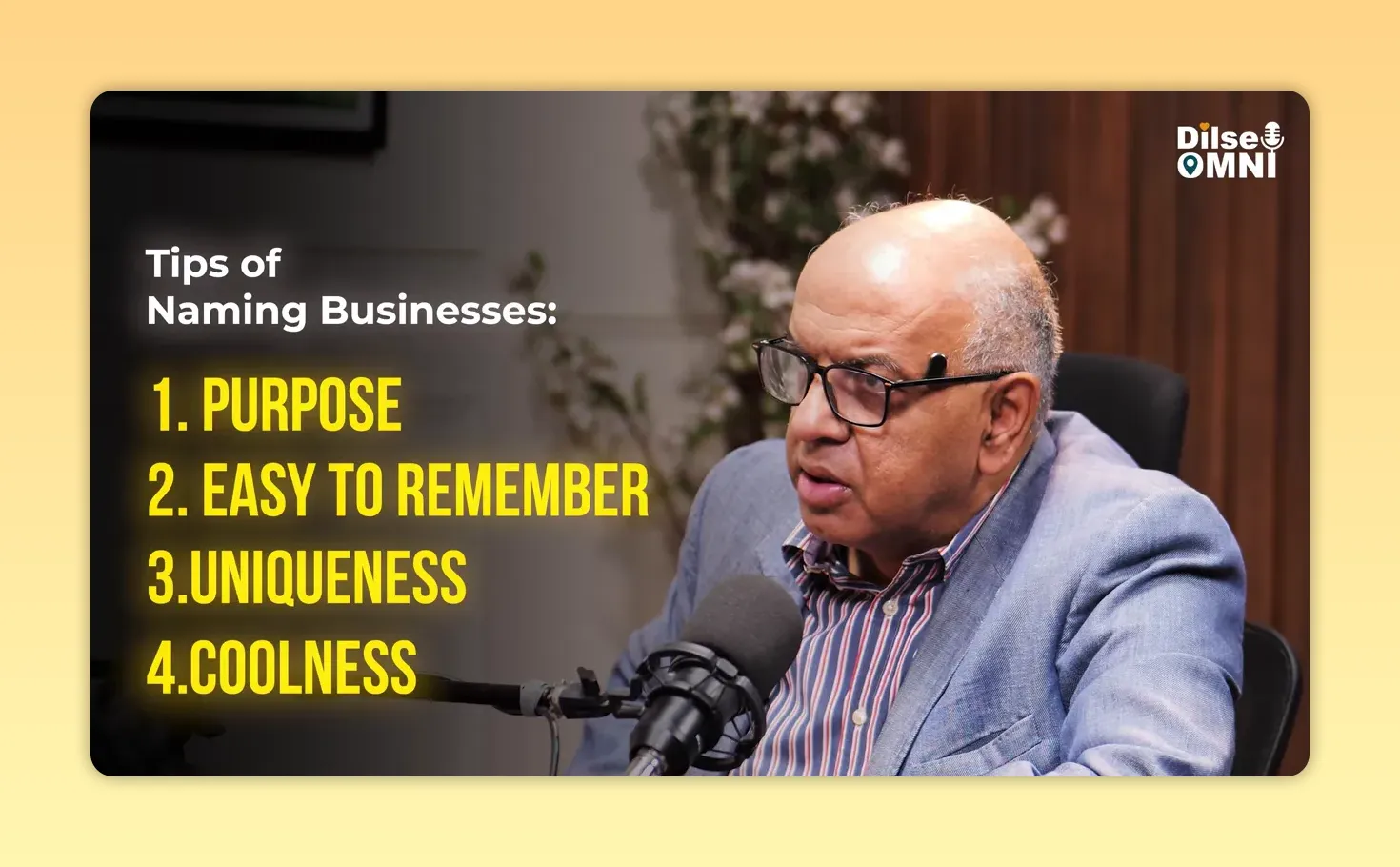 On-screen list of four business naming principles: purpose, easy to remember, uniqueness, and coolness